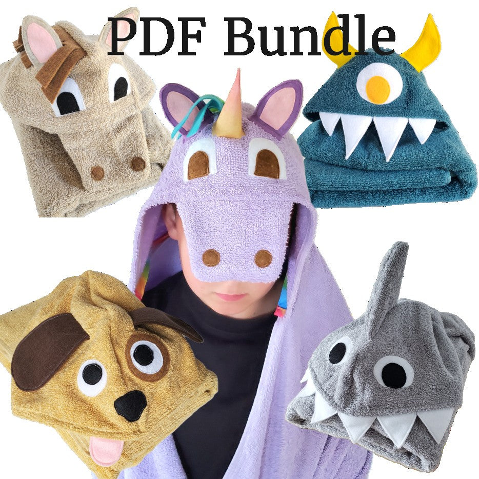 Best Seller Bundle - Animal Hooded Towel Sewing Pattern Group - Shark Puppy Horse Monster - Kids Bath Towel Patterns - PDF Instant Download