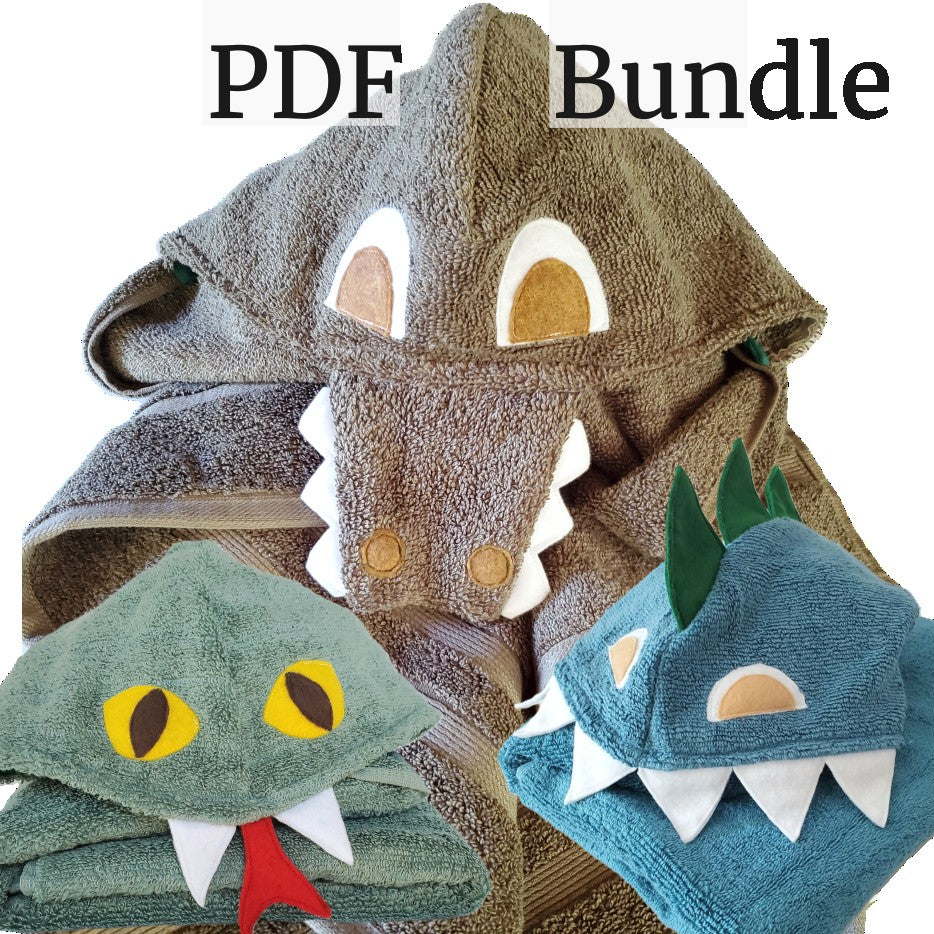 Reptile Hooded Towel Sewing Patterns Bundle – Dinosaur, Alligator, Snake (PDF Instant Download)