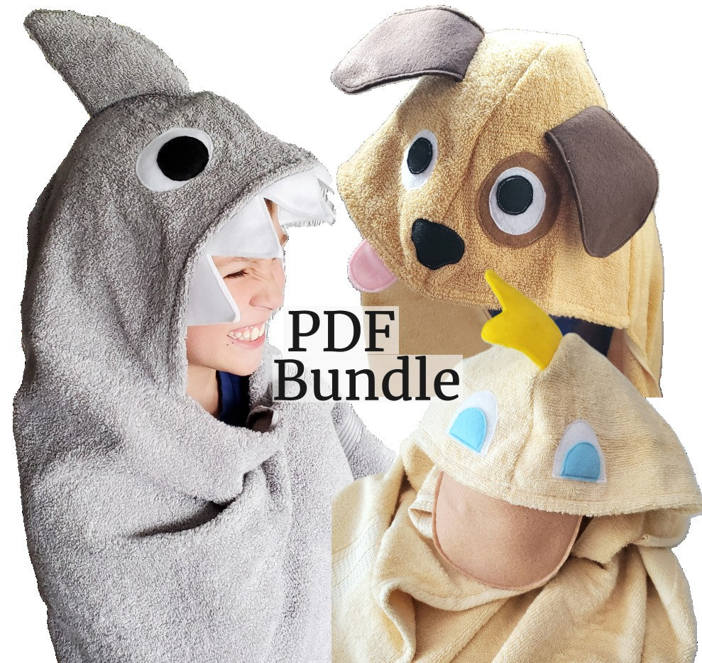 Favorite Hooded Towel Bundle Sewing Patterns – Shark, Puppy, Duck (PDF Instant Download)