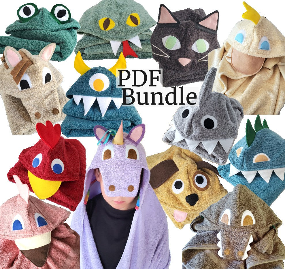 Animal Hooded Towel Sewing Patterns Bundle – Puppy, Shark, Unicorn, Alligator, Frog, Chicken, Duck, Monster, Flamingo, Snake, Dinosaur, Cat (PDF Instant Download)